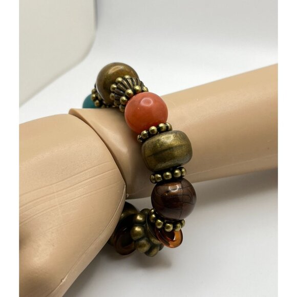 Chunky Beaded Bracelet Faux Stone Earth Tones Stretch Retro Boho Hippy - Picture 8 of 8